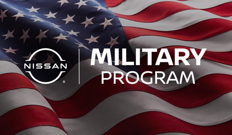 Waving American flag background with Nissan Military Program logo and text overlay